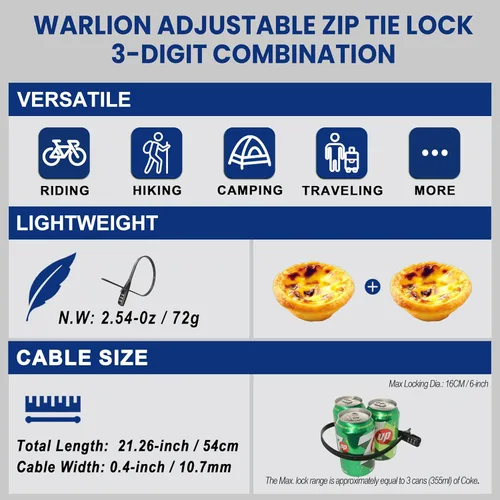 Miniatura 3 de WARLION Cerradura de Brida con Cable - Cerradura de Cable Ajustable de 3 Dígitos, para Portabicicletas, Casco de Motocicleta, Patineta, Esquís