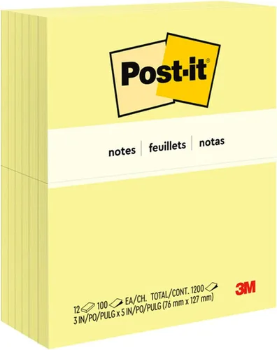 Post-it Notas, 3 x 5 pulgadas, 12 blocs de notas adhesivas, 100 hojas por bloc, amarillo canario, The Original Post-it Note, suministros escolares y