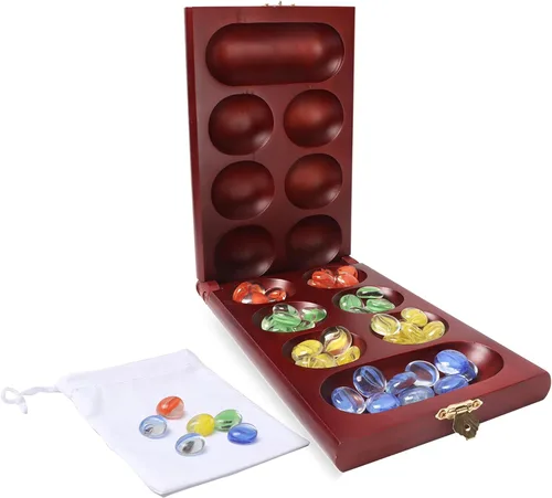 GSE Games & Sports Expert Juego de mesa plegable de madera de Mancala con piedras de vidrio multicolor y bolsa de almacenamiento, juego portátil de