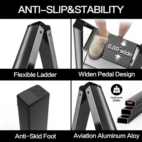 Miniatura 3 de Escalera de 2 escalones, taburete plegable de aluminio de 2 escalones con pedal antideslizante resistente y ancho, escalera portátil ligera para uso