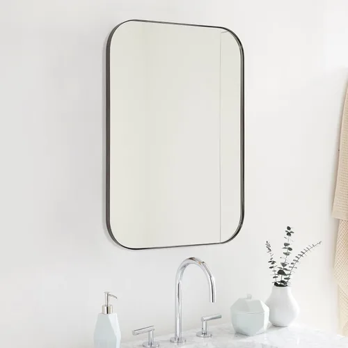 Miniatura 12 de Espejo de pared rectangular redondeado de níquel cepillado de 22 x 30 pulgadas, espejo de pared rectangular con marco de metal de acero inoxidable