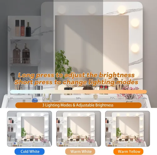 Miniatura 3 de Patikuin Escritorio de tocador con espejo y luces para dormitorio, mesa de maquillaje moderna de mármol blanco con 2 cajones, 3 modos de luz y LED