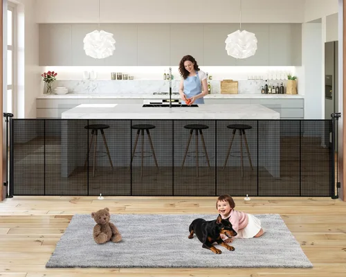 Puertas retráctiles para bebés de 19.7 pies Puerta para perros - 236" Puerta de seguridad infantil extra ancha expandible, 37" de alto Puerta de
