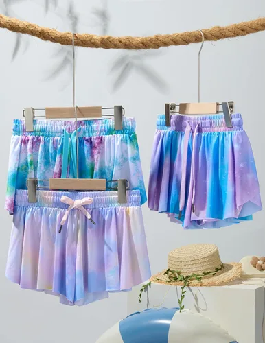 Miniatura 69 de Paquete de 3 pantalones cortos fluidos para niñas con forro de elastano, 2 en 1, faldas de mariposa para jóvenes, para fitness, correr, deportes