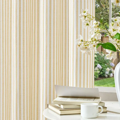 Miniatura 14 de Vangao Cortinas de lino a rayas para sala de estar, dormitorio, casa rural con estampado de rayas de tictac, cortinas impresas con ojales