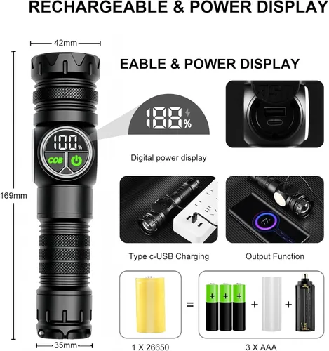 Miniatura 7 de iodoo Linterna recargable 3 en 1 de 5000 lúmenes, luz fuerte para exteriores de mazorca, haz de zoom de 5000 mAh, luz de flash LED con imán de falla