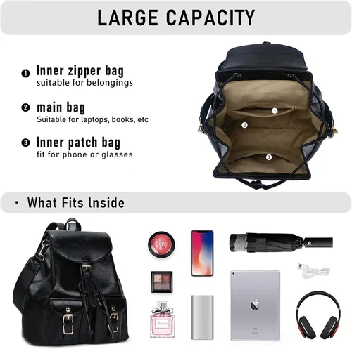 Miniatura 5 de Chillo - Mochila grande de cuero vegano para mujer, diseño multiusos, con cordón, Negro -, Mochilas de mochila