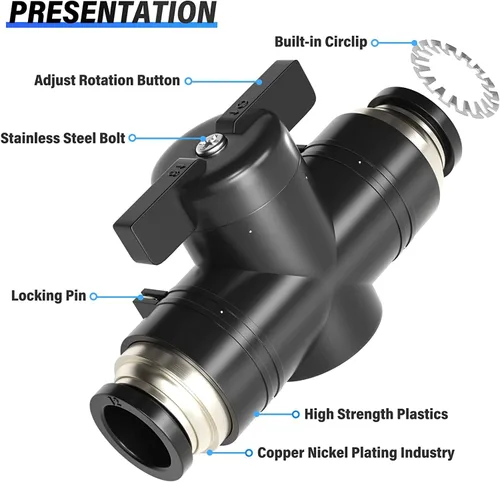 Miniatura 3 de TAILONZ PNEUMATIC BVU-1/4 OD válvula de bola de control de flujo de aire válvula de empuje para conectar el accesorio (paquete de 5)