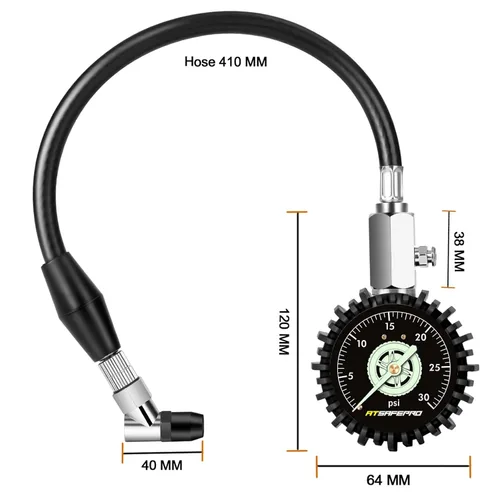 Miniatura 4 de Medidor de presión de neumáticos de baja presión ATsafepro hasta 30PSI, medidor de neumáticos mecánico de 2.5” con manguera flexible y portabrocas