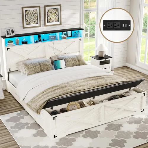 Miniatura 11 de DICTAC - Base de cama estilo granja tamaño Queen con cabecera de almacenamiento y estación de carga, base de cama de plataforma de madera