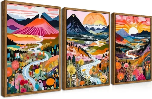 Miniatura 11 de Juego de 3 piezas de arte de pared de montaña colorida boho, pinturas abstractas de paisaje de flores de acuarela, pósters modernos de naturaleza