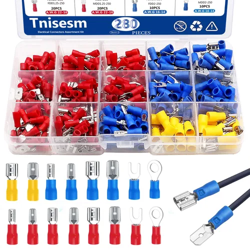 Miniatura 10 de Tnisesm Kit surtido de conectores de crimpado de alambre aislado con anillo, pala, tope, desconexión rápida, terminales de cable automotriz de 280
