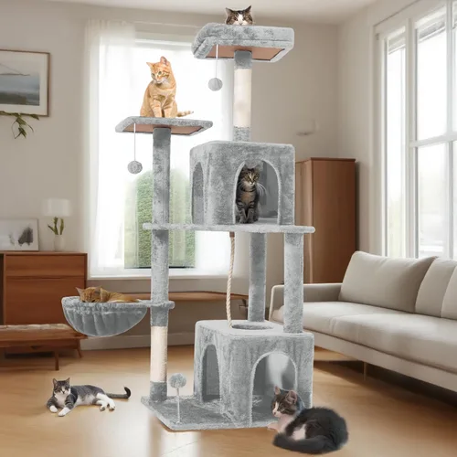 Miniatura 6 de Torre de árbol para gatos de varios niveles de 54 pulgadas con hamaca, condominios y postes rascadores, muebles grandes para gatos