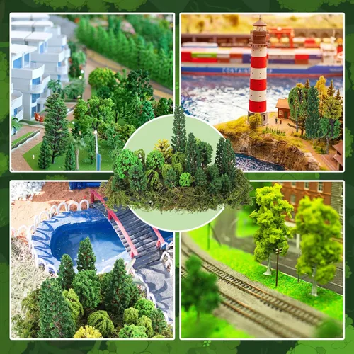 Miniatura 3 de Tigeen 28 piezas de árboles modelo mixto con 1.4 onzas de musgo verde sintético, decoración de tren de árbol, arquitectura de paisaje
