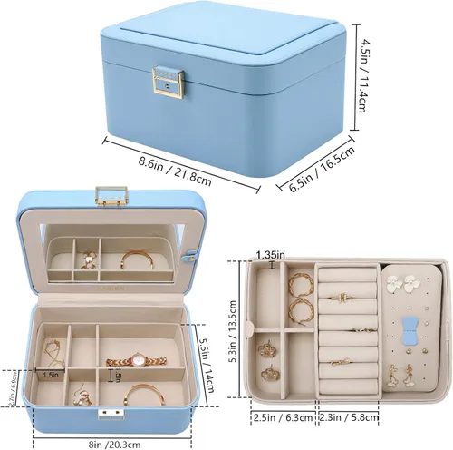 Miniatura 6 de KAMIER Organizador de aretes, organizador de joyas portátil de piel sintética de 2 capas, gran capacidad, doble cerradura y espejo grande, ganchos