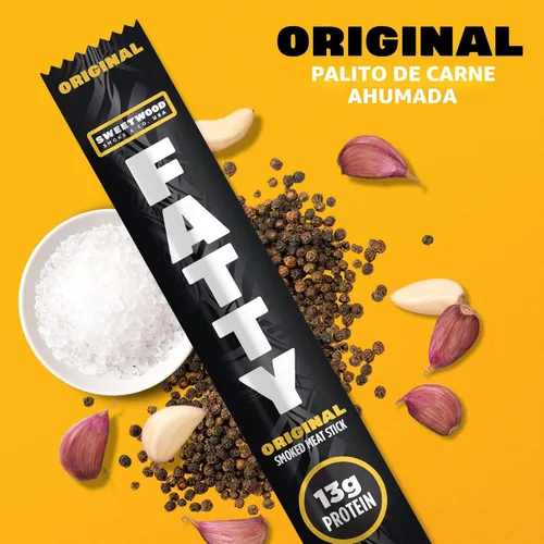 Miniatura 5 de Palitos de Carne FATTY, Hechos con Carne de Res Alimentada con Pasto, Cerdo Criado sin Antibióticos, 13g de Proteína por Palito, Original, De