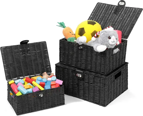 Miniatura 4 de Honygebia - Canastas de almacenamiento de mimbre negro - Juego de 3 cajas decorativas anidadas con tapas, canasta tejida con cerradura y asa
