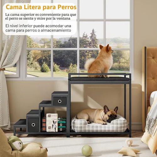 Miniatura 4 de kepptory Litera para mascotas con escaleras y almacenamiento, camas para perros fijadas a la cama humana, cuna para perros y gatos pequeños, Negro