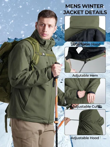 Miniatura 4 de Men's Winter Insulated Coat Warm Water Resistant Skiing Parka Jacket Fleece Lined Detachable Hood 7 Pockets Work Coat