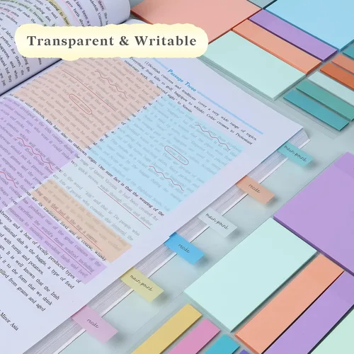 Miniatura 3 de Temiary 500 hojas de notas adhesivas transparentes de color macarrón de 3 x 3 pulgadas, impermeables Bloc de notas transparente, pestañas de libro