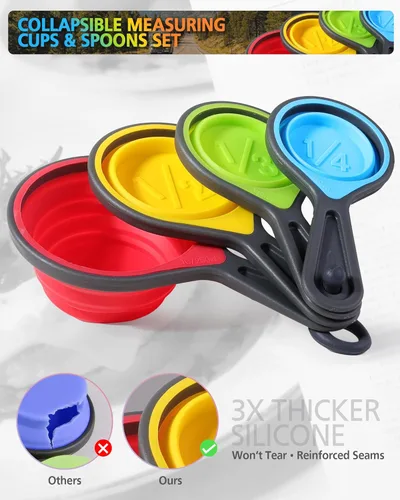 Miniatura 3 de Juego de tazas y cucharas medidoras, Tazas medidoras plegables, 8 piezas, Medidor plegable grabado con marcas métricas/imperiales para medición