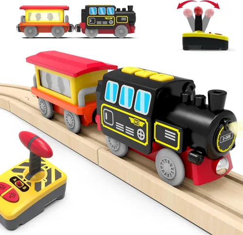 Miniatura 6 de Tren a pilas para pistas de madera, juguetes de tren motorizado para juego de vías de ferrocarril, juguete de tren eléctrico con tren de control