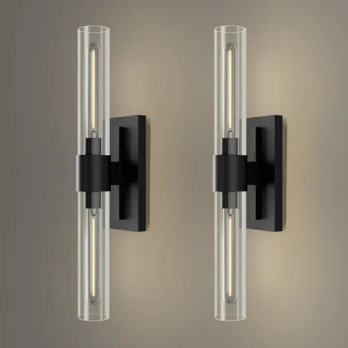 Miniatura 9 de YUYI Juego de dos apliques de pared de latón, 22.8'' apliques de baño dorados con pantalla de vidrio transparente, luces de pared de tocador