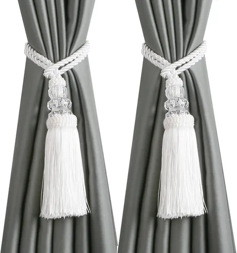 Miniatura 8 de Alzapaños de cortina con borla, alzapaños elegantes y decorativos para exteriores, lazos modernos de cuerda para ventanas con ganchos, para Beige