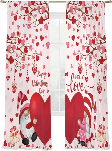 Miniatura 13 de Cortinas CosyBright Feliz Día de San Valentín, 63 Pulgadas de Largo, 2 Paneles, Gnomos, Cortina de Ventana Roja, Corazón de Amor, Árbol, Cortinas