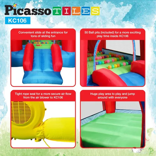 Miniatura 4 de PicassoTiles KC106 Castillo inflable junior de 8x7 pies, parque infantil, casa de rebote y tobogán inflable, casa de juego con tobogán con 50 bolas