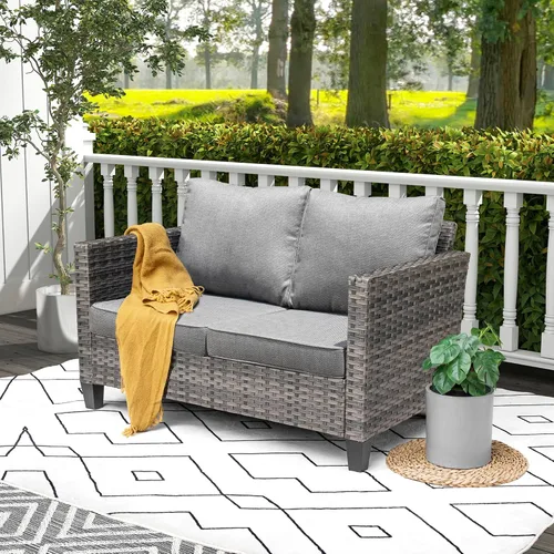 Miniatura 9 de ovios Sofá biplaza de patio, sofá de mimbre de 2 plazas para exteriores, respaldo alto para todo tipo de clima, asiento profundo con cojines cómodos