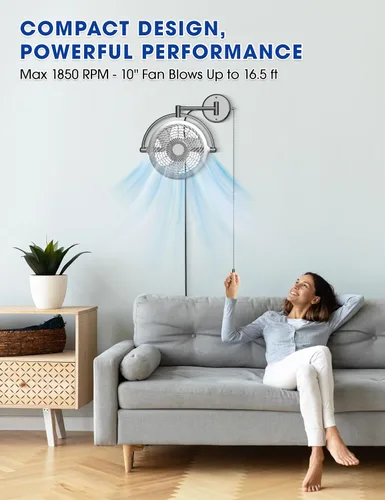 Miniatura 3 de Ventiladores de pared con cadena de tracción, ventiladores de pared de 10 pulgadas, ventilador oscilante silencioso para montaje en pared, brazo