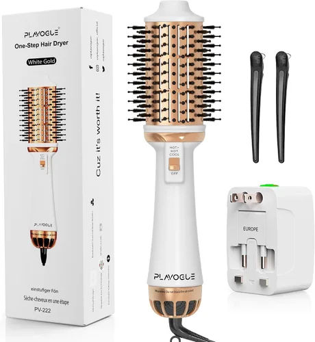 Miniatura 8 de PLAVOGUE Mini cepillo secador de pelo de doble voltaje, cepillo de aire caliente de viaje de 700 vatios con enchufe europeo, secador iónico de un