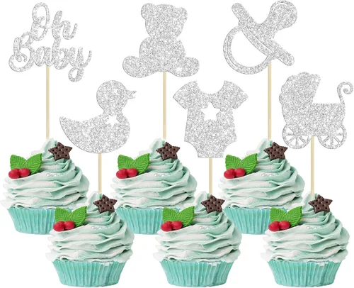 Miniatura 17 de Gyufise 36 piezas Adornos para cupcakes de baby shower con purpurina, chupete, carrito de bebé, oso, Oh Baby, púas para cupcakes para revelación
