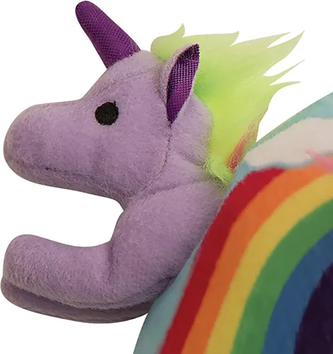 Miniatura 7 de Snugarooz - Juguete para perro con parche de reparación – Arco iris de peluche interactivo con 3 unicornios chirriantes – Diseñado para un juego