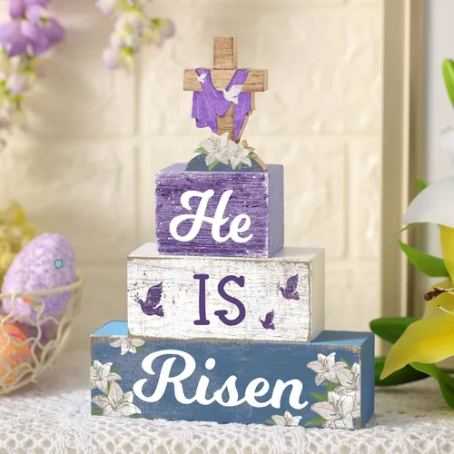 Miniatura 7 de 4 piezas de decoración de mesa de Pascua con texto en inglés "He Is Risen" de madera religiosa, centro de mesa de madera religiosa, bloques de cruz