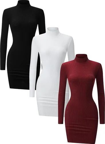 ChongBaiJia - Vestido de manga larga de 3 piezas para mujer, cuello alto, básico, acanalado, ajustado, ajustado, mini vestidos de club