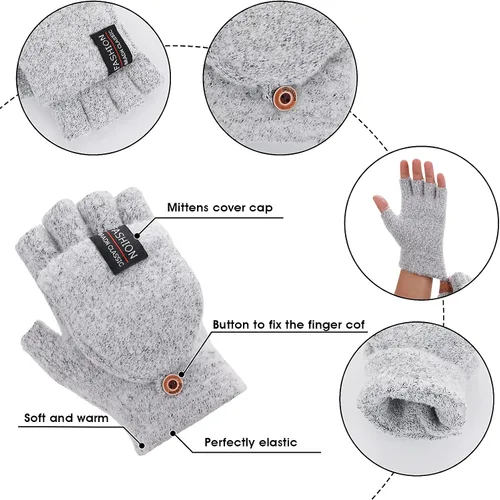 Miniatura 12 de THINP Guantes sin dedos para mujeres y hombres, guantes de invierno, guantes de lana cálida de punto sin dedos con tapa, guantes convertibles