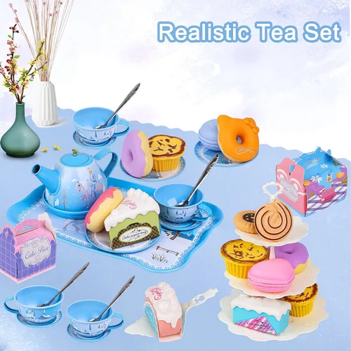 Miniatura 2 de PRE-WORLD Juego de fiesta de té para niñas pequeñas, 46 piezas de juguetes de princesa para la hora del té, incluyendo postre, galletas, dona