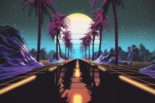 Miniatura 5 de 5x3ft Retro Futuristic 80s Backdrop Retrowave Neon Lights Road Tropical Trees Mountain Sun Starry Sky Background Cyberpunk Video Game Punk Birthday