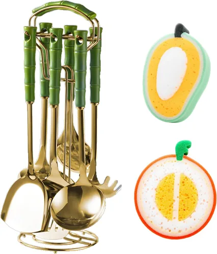 Juego de utensilios de cocina de 9 piezas, accesorios de cocina para cocinar, acero inoxidable dorado con asas verdes, herramientas de cocina con