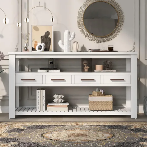 Miniatura 3 de Mesa consola multifunción vintage, mesa de sofá moderna de 62.2 pulgadas con 4 cajones y 2 estantes de almacenamiento, aparador de madera para Blanco