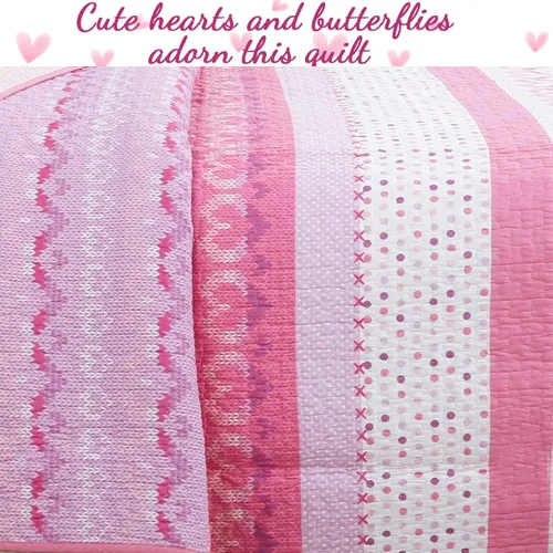 Miniatura 6 de Juego de ropa de cama de algodón de 6 piezas con estampado de corazones, mariposas y lunares, a rayas, rosa, morado, blanco, de algodón, con 3