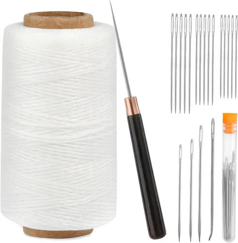 Miniatura 8 de TLKKUE Kit de hilo de coser para reparación de tapicería, aguja de hilo encerado de 273 yardas, punzón recto, kit de costura de cuerda de cera Negro