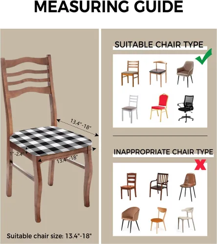 Miniatura 3 de Juego de 6 fundas para asiento de silla de comedor, diseño clásico a cuadros blancos y negros, decoración navideña, extraíble, elásticas, fundas