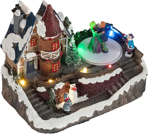 Miniatura 15 de Alpine Corporation Juego animado de invierno de 18 pulgadas de alto con 75 luces LED, música, tren móvil, decoración navideña de mesa Pueblo