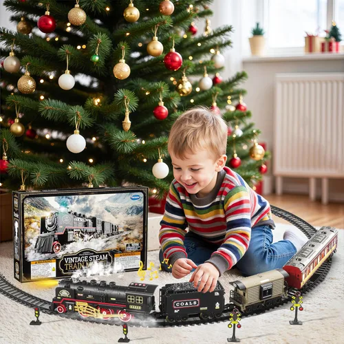 Miniatura 6 de Funwee Juguete de tren eléctrico con humo, luces y sonido, juego de tren para debajo del árbol de Navidad, modelo de tren de locomotora con pista