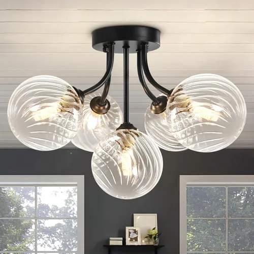 Miniatura 10 de Lámpara de techo Sputnik negra montaje semiempotrado lámpara de techo de 5 luces con globo blanco lechoso moderna lámpara de araña Sputnik