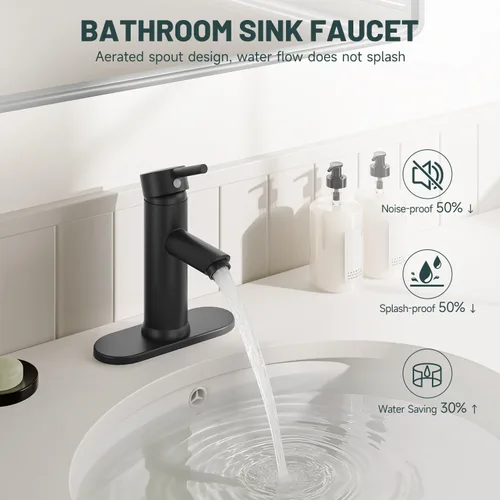 Miniatura 3 de Grifo mando de una sola pieza para fregadero de baño con desagüe desplegable sin desbordamiento Negro