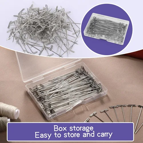 Miniatura 4 de 120 pines en T de 2 pulgadas, alfileres para peluca para cabeza de espuma con caja transparente de plástico, pasadores en T de costura para bloquear